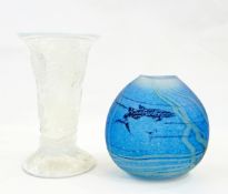 Convex glass vase with blue ground and abstract pattern,