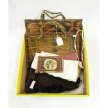Vintage raffia handbag, a hessian and woollen handbag, a pair of leather gloves,