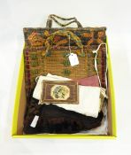 Vintage raffia handbag, a hessian and woollen handbag, a pair of leather gloves,