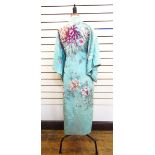 Japanese embroidered silk kimono mint green with peony and bird embroidery,