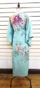 Japanese embroidered silk kimono mint green with peony and bird embroidery,