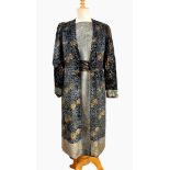 1930's printed gold brocade pan velvet dress with a sur-coat fastened by six black satin buttons,