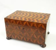 19th century parquetry sewing box, all over with geometric parquetry veneers,