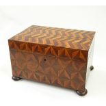 19th century parquetry sewing box, all over with geometric parquetry veneers,