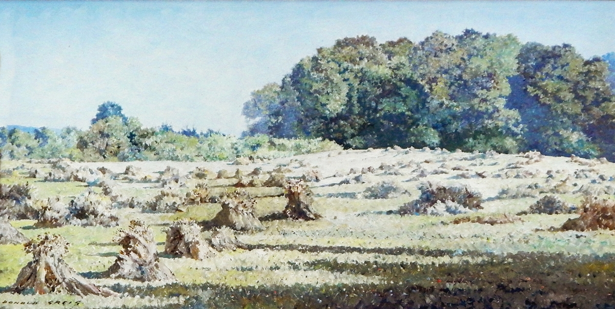 Donald Grieg (1916-2009) Acrylic on board Farmers field with hay bundled up, - Image 2 of 2