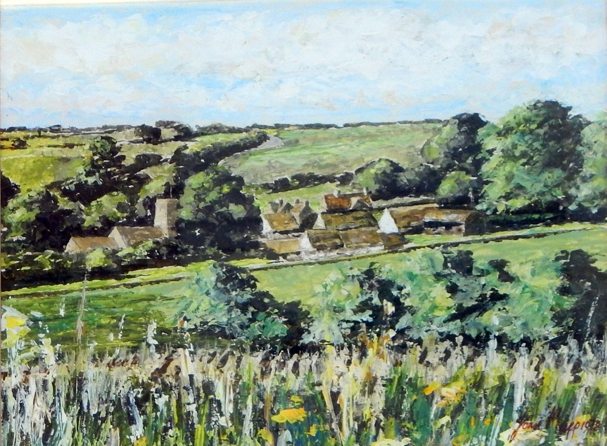 John Mupp (1978) Acrylic on board Fields with town and church in background, - Image 2 of 2