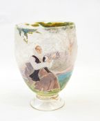 Glass vase painted with Alpine scene, man in period dress playing flute to a female,