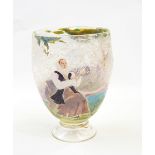 Glass vase painted with Alpine scene, man in period dress playing flute to a female,