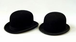Two bowler hats, a grey Fedora,