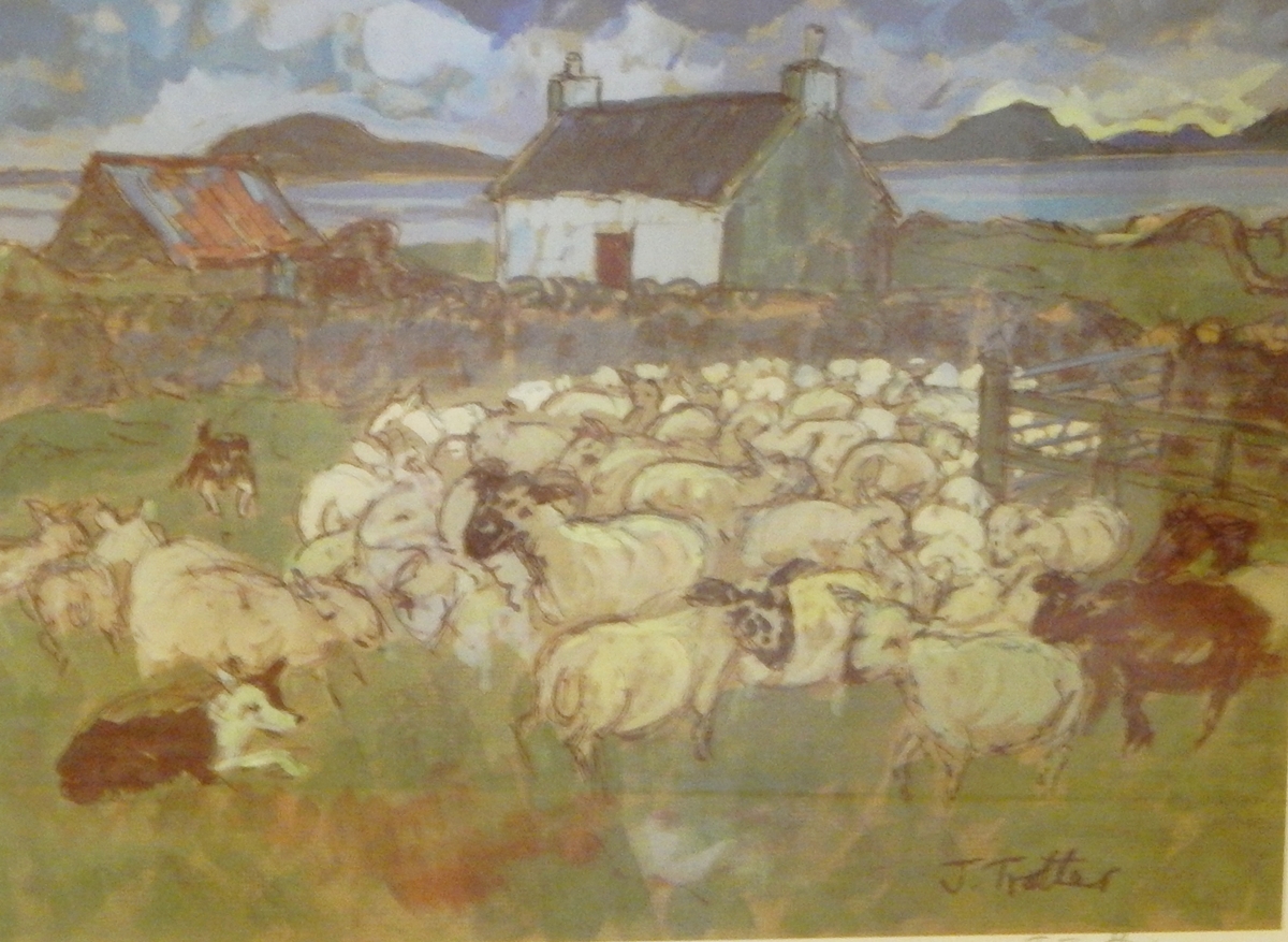 J Trotter Limited edition colour print Views over Hook Norton, sheep in foreground grazing,