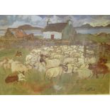 J Trotter Limited edition colour print Views over Hook Norton, sheep in foreground grazing,