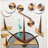 Giaullapelli Oil on canvas Abstract painting of items balancing, with flamingo statue,