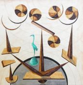 Giaullapelli Oil on canvas Abstract painting of items balancing, with flamingo statue,