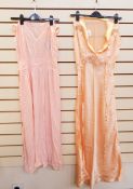 Apricot satin 1930's nightgown with applique embroidery and a chiffon nightgown with smocked waist