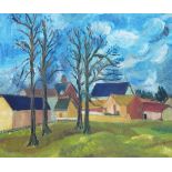 K T Luke Acrylic on board Farm buildings with trees in foreground, 56cm x 67.