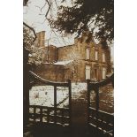 Sepia photograph on canvas View through gates to building, shot on Kodak Professional 35ml.
