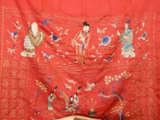 Silk Chinese temple altar cloth, embroidered with wise men, ornamental trees, Chinese characters,