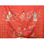 Silk Chinese temple altar cloth, embroidered with wise men, ornamental trees, Chinese characters,