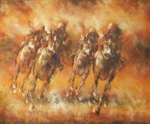 Signed indistinctly, R Scanford(?) Acrylic on canvas Abstract of jockeys on horses,