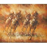 Signed indistinctly, R Scanford(?) Acrylic on canvas Abstract of jockeys on horses,