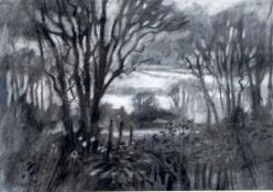 Norman James Battershill (1922) Charcoal "Evening", looking through trees to a building,