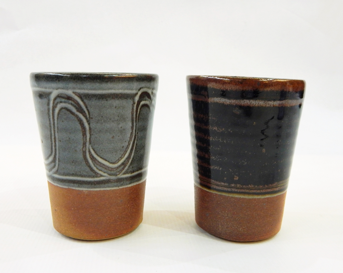 Ray Finch Winchcombe set of four glaze trial beakers, various ash finishes, stamped to base, - Image 4 of 5