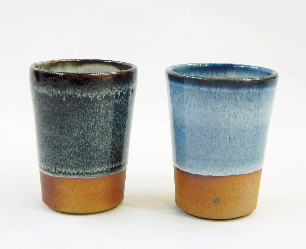 Ray Finch Winchcombe set of four glaze trial beakers, various ash finishes, stamped to base, - Image 2 of 5