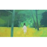 M Darling (73) Oil on board Nude female figure walking through grass and trees,