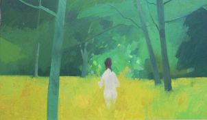M Darling (73) Oil on board Nude female figure walking through grass and trees,