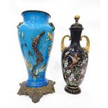 Victorian glass vase, the blue glass body of baluster form,