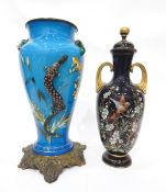 Victorian glass vase, the blue glass body of baluster form,