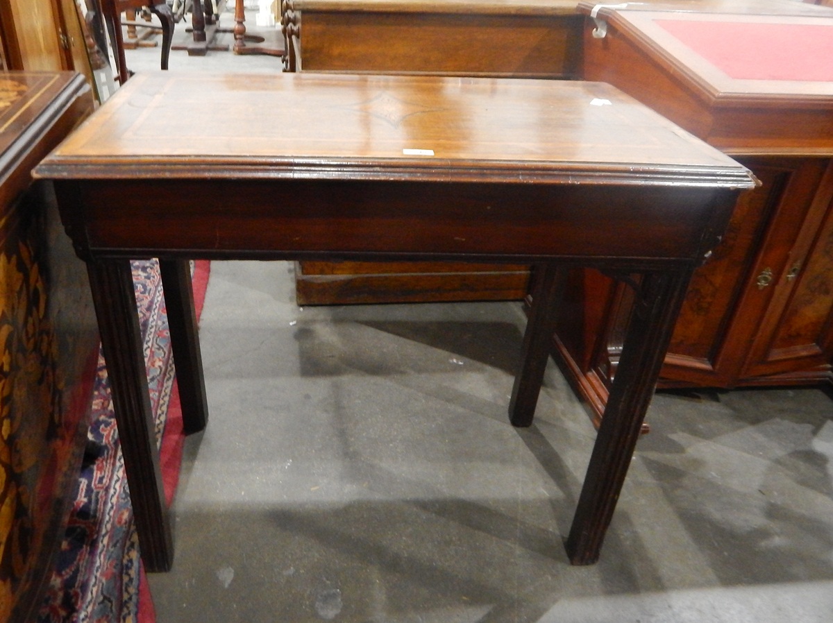 19th century inlaid rectangular top side table with pierced corner brackets, on moulded square legs,