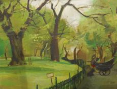 Unattributed (20th century) Oil on board Seated figures with pram, beside a park fence, unsigned,
