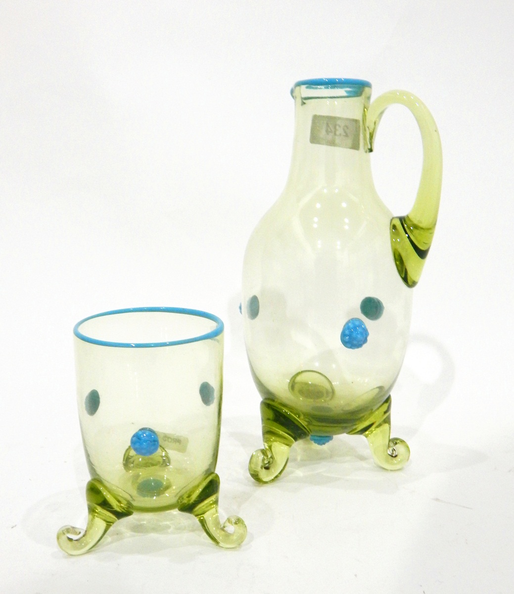 Late Victorian green glass jug and beaker, each with turquoise rims and applied turquoise prunts,