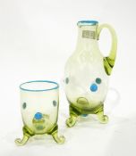 Late Victorian green glass jug and beaker, each with turquoise rims and applied turquoise prunts,