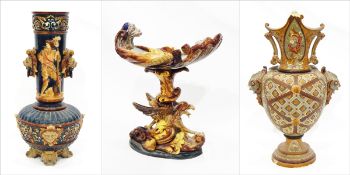 Quantity of Wilhelm Schiller & Sohn majolica to include comport supported by griffin, 38cm high,