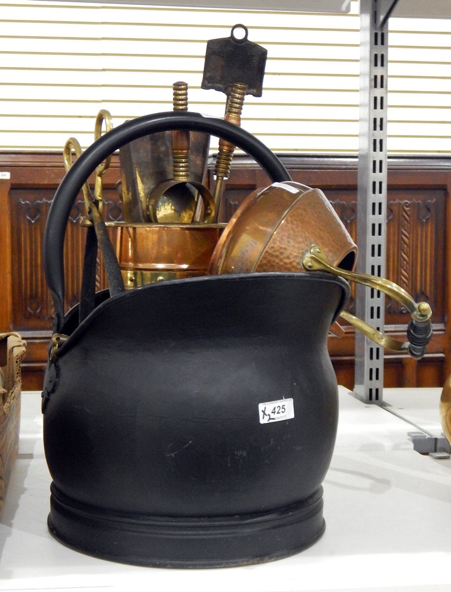 Black galvanised metal coal scuttle, a copper and brass fire companion,
