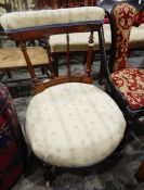 Late Victorian nursing chair with upholstered back rail, stuffover seat,