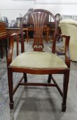 Hepplewhite-style mahogany carver chair with pierced splat back, upholstered drop-in seat,
