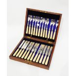 Victorian set of 12 pairs of fish eaters with engraved silver plated blades,