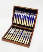 Victorian set of 12 pairs of fish eaters with engraved silver plated blades,
