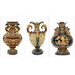 Three various Wilhelm Schiller & Sohn majolica vases with raised classical decoration (3)