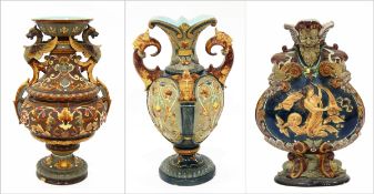 Three various Wilhelm Schiller & Sohn majolica vases with raised classical decoration (3)