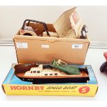 Hornby RAF safety launch plastic model within damaged box with Tonka safari trucks,