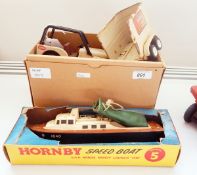 Hornby RAF safety launch plastic model within damaged box with Tonka safari trucks,