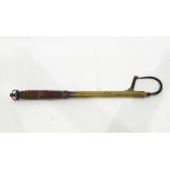 Brass two-draw extending salmon gaff with spring point projector, turned wooden handle,