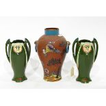 Early 20th century terracotta Devon pottery type baluster-shaped vase with blue painted panels and