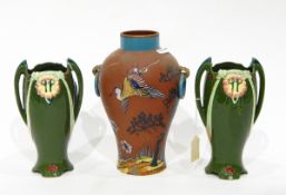 Early 20th century terracotta Devon pottery type baluster-shaped vase with blue painted panels and