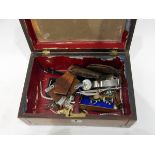 Victorian rosewood jewellery box and contents including a silver propelling pencil,