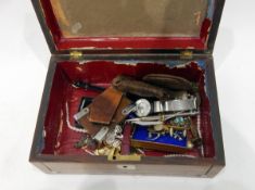 Victorian rosewood jewellery box and contents including a silver propelling pencil,